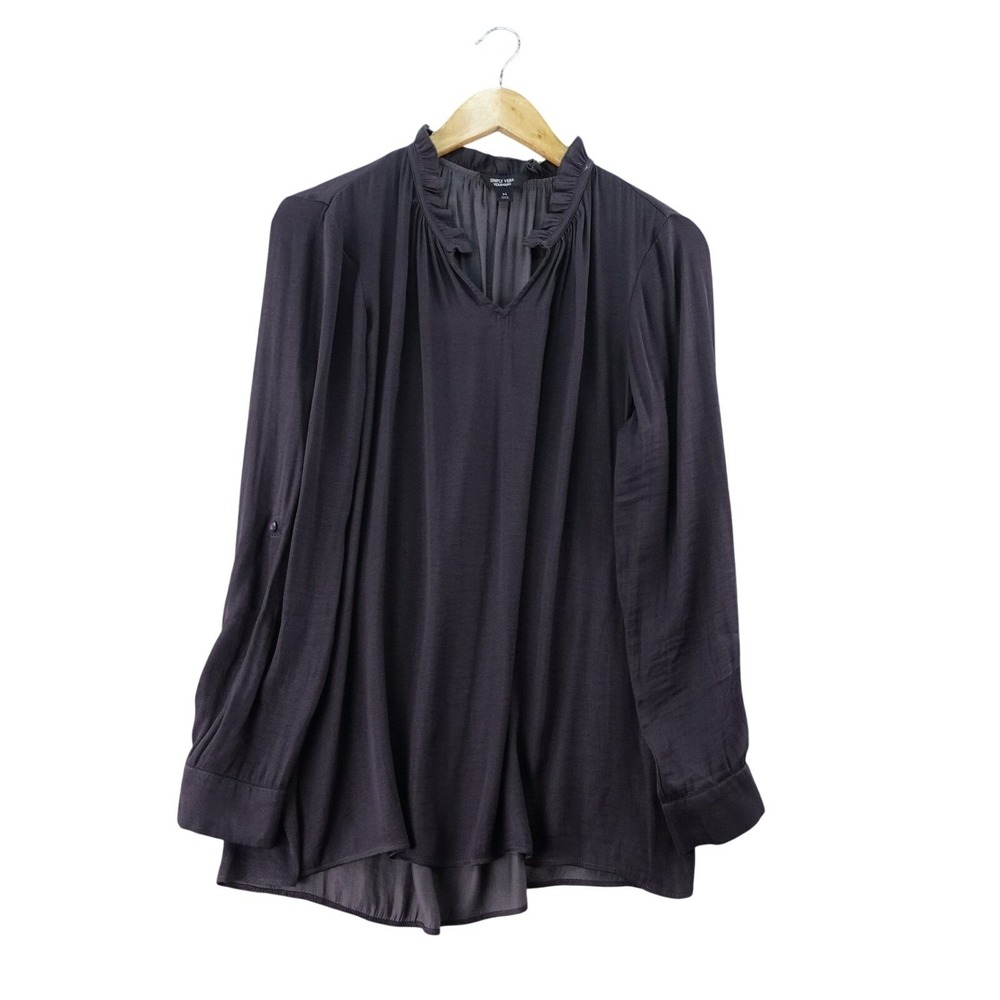 Simply Vera Vera Wang Womens Black Long Sleeve Ruffle Neck V Neck Blouse Top M